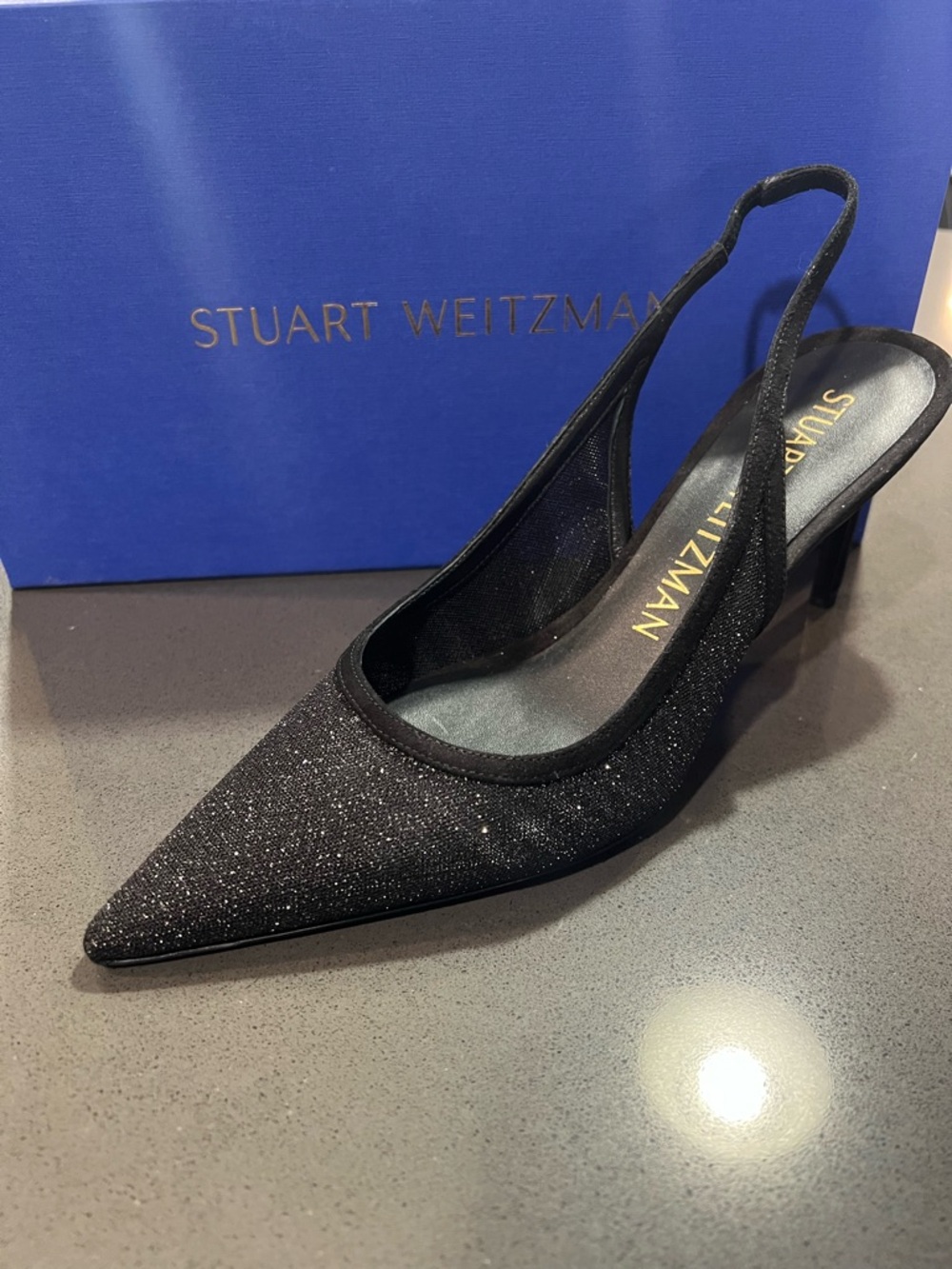 Stuart Weitzman Black Glitter Slingback Pointed Pump